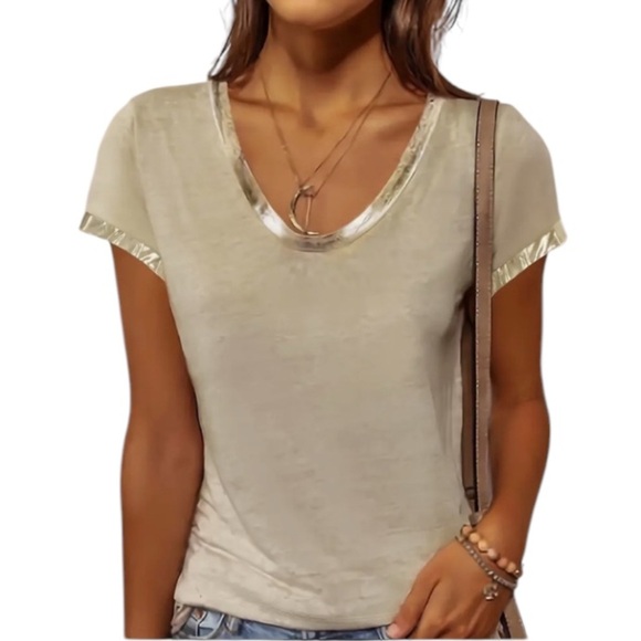 Contrast Trim Crew Neck Tee Golden Light Apricot XXL 14 T-shirt - Picture 1 of 5